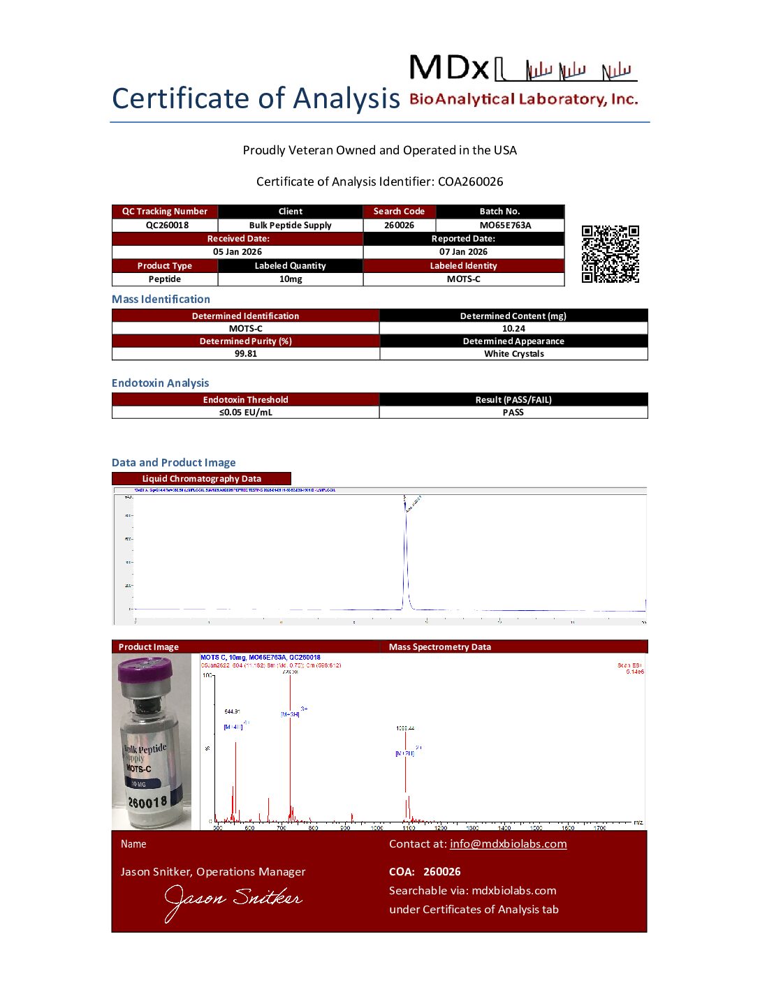 COA260026 QC260018 Mots-C MOTS-c 10mg - Image 2